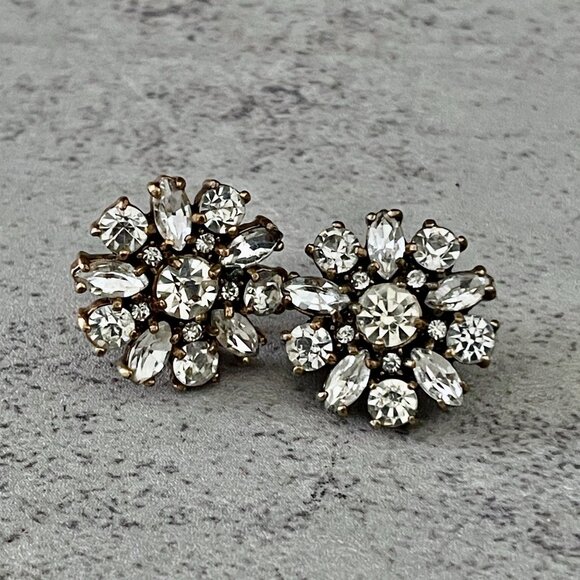 J. Crew Clear Crystal Sunburst Gold Tone Round Pierced Stud Earrings .75" - Picture 2 of 5